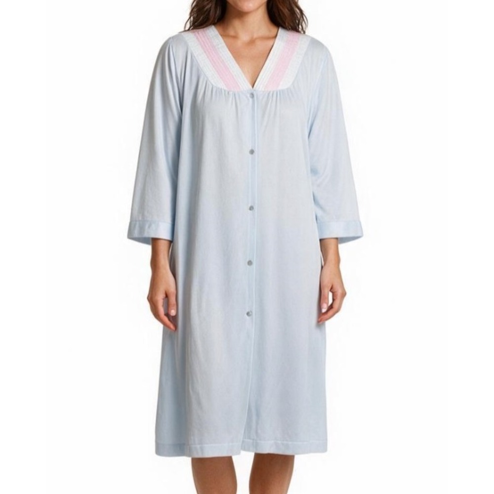 VTG LORRAINE Thin NYLON Quilted Pink Neckline LING BLUE Button-Up LOUNGE ROBE M
